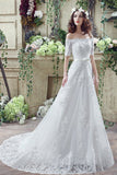 Chic A Line Off The Shoulder Appliques Sequins Tulle Court Train Wedding Dress WH33280