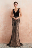 Gorgeous Mermaid Deep V-Neck Sleeveless Sequins Tulle Sweep Train Prom Dress WH37358