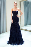 Sheath Strapless Navy Blue Tulle Floor Length Prom Dress WH42694