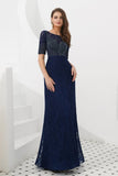 Unique Column Half Sleeve Beading Navy Blue Lace Prom Dress WH43305