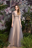 Unique A Line V-Neck Sequins Tulle Floor Length Prom Dress WH60386