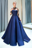 A Line High Neck Beading Long Sleeves Satin Court Train Prom Dress Party Dress WH63695