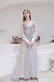 A Line V-Neck Long Sleeve Beading Tulle Court Train Prom Dress Party Dress WH661014