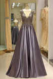 A Line Sleeveless Beading Satin Court Train Prom Dress Party Dress WH66723