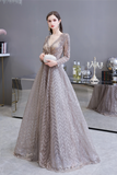 A Line V-Neck Long Sleeve Embroidery Beading Floor Length Tulle Prom Dress WH69448