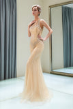 Stunning Mermaid Sleeveless Sequins Beading Tulle Sweep Train Prom Dress Party Dress WH82705