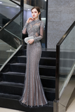 Mermaid High Neck Long Sleeve Crystals Beading Floor Length Tulle Prom Dress WH86443