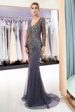 Mermaid V-Neck Long Sleeves Sequins Beading Sweep Train Prom Dress Party Dress WH90692