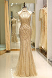 Mermaid Sleeveless Halter Beading Tulle Sweep Train Prom Dress Party Dress WH90725