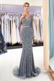 Fashion Mermaid V-Neck Long Sleeves Sequins Sweep Train Prom Dress Party Dress WH91693