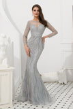 Elegant Mermaid V-Neck Long Sleeve Beads Grey Tulle Prom Dress WH92309