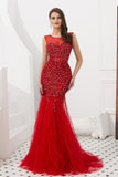 Stunning Mermaid Applique Sleeveless Beads Red Tulle Prom Dress WH94696