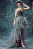 Elegant High Low Strapless Sweetheart Feathers Tulle Gray Prom Dress with Lace up P1447