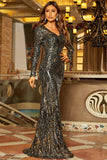 Black Sequins Long Sleeve V-Neck Mermaid Sweep Train Evening Gown