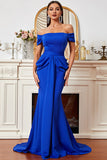 Royal Blue Mermaid Off-the-shoulder Ruched Sweep Train Prom Dress
