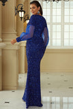 Sweetheart Long Mesh Sleeve Prom Dresses Blue Glitter Sequins Evening Dresses