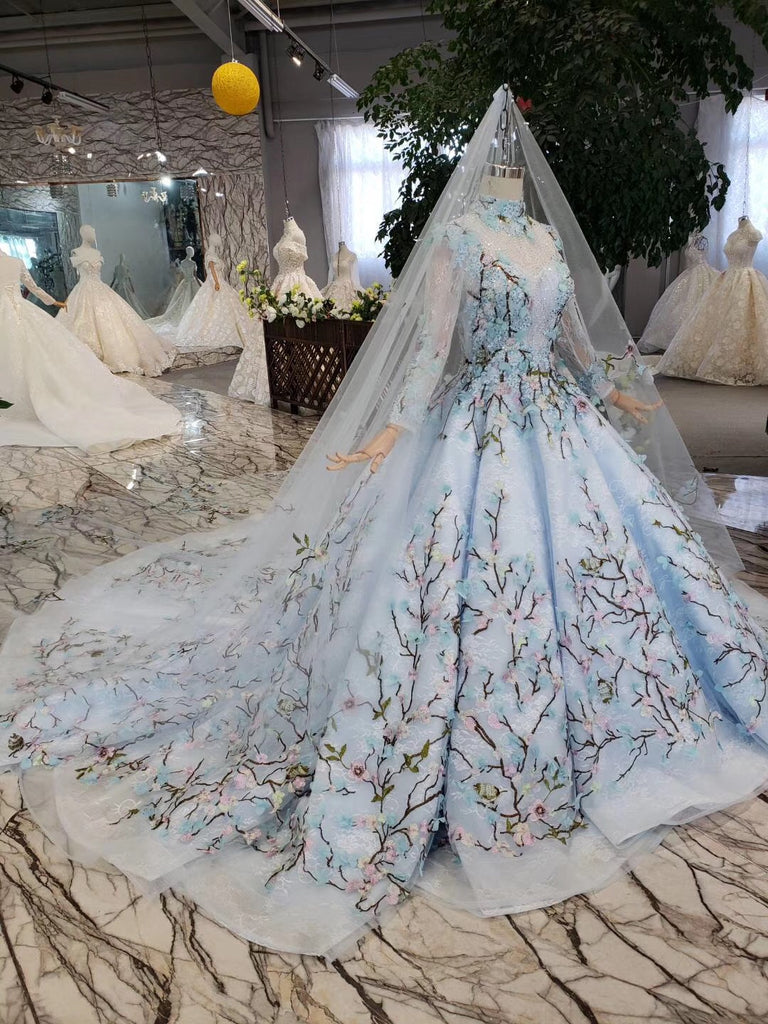 Stunning Light Blue Long Sleeve Wedding Dresses High Neck Quinceanera Dresses PW772