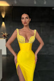 Party Dresses Mermaid Sexy Yellow Sequins Straps Prom Dresses With Slit PD0445