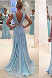 Charming Green A Line Chiffon Backless V-Neck Floor-Length Long Prom Dress