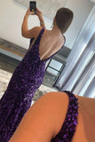 Mermaid Deep V Neck Purple Sequins Long Prom Dress N122