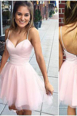 Sexy Short Cute Pink Spaghetti Straps Tulle Mini Junior Backless V-Neck Homecoming Dress PM612