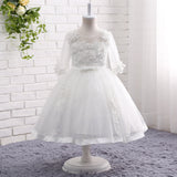 A Line Round Neck Half Sleeve Appliques Tulle Flower Girl Dresses With Pearls WH19821