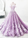 Ball Gown Off the Shoulder V Neck Tulle Lavender Beads Prom Dress Quinceanera Dress P1427