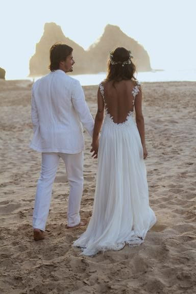 Sweetheart A Line Open Back Lace Chiffon Beach Wedding Dress