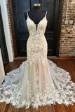 Mermaid V Neck Lace Wedding Dress with Appliques N118