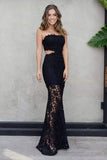 Sexy Mermaid Strapless Floor-Length Black Lace Cut Out Sleeveless Prom Dresses uk PW301