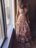 Deep V-Neck Lace Applique A-line Prom Dress Beads Long Formal Dress P1253