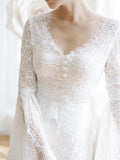 Unique V-Neck Lace-up Mermaid Back Bridal Dress Ivory Lace Trumpet Sleeve Wedding Dress W1161