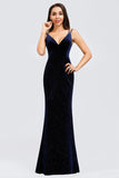 Spaghetti Straps V-Neck Velvet Dark Navy Blue Mermaid Evening Dresses P1183