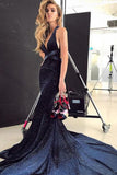 Sexy Mermaid Deep V Neck Velvet Dark Navy Long Prom Dresses, Sparkly Evening Dresses P1413