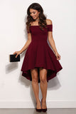 Short A Line Burgundy Off the Shoulder High Low Knee Length Satin Homecoming Dresses PH644