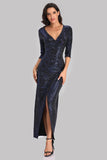 Unique 3/4 Sleeves Mermaid Pleated Split Dark Navy Blue V Neck Long Prom Dresses XU90820