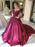 Ball Gown Long Sleeves Burgundy Satin Beads Prom Dresses with Appliques, Quinceanera Dress P1405