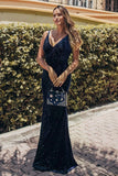 Spaghetti Straps V-Neck Velvet Dark Navy Blue Mermaid Evening Dresses P1183