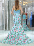 Elegant Mermaid Halter Two Pieces Blue Floral Lace Prom Dress P1289