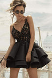 A Line V-Neck Lace Layered Black Top Lace Short Homecoming Dresses with Spaghetti Straps H1188