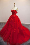 Generous Red Tulle Strapless Floral Quinceanera Ball Gown Prom Dresses