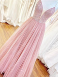 A Line Spaghetti Straps V-Neck Tulle Beaded Prom Dress P1357