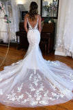 Mermaid Deep V Neck Lace Wedding Dresses with Beading N050