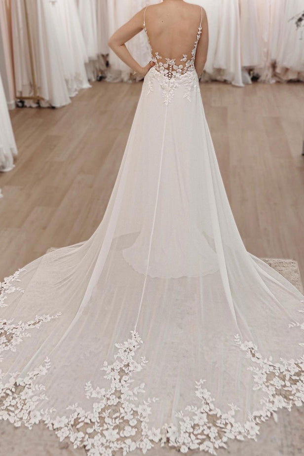 A Line Spaghetti Straps Chiffon Wedding Dresses with Appliques N057