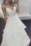 Elegant A Line V Neck Spaghetti Straps Ivory Organza Long Wedding Dresses uk with Lace PH974