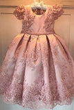 Princess Ball Gown Round Neck Pink Beads Flower Girl Dresses with Appliques FG1034