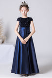 Pretty A Line Dark Blue Sequins Short Sleeve Flower Girl Dress