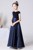 Pretty A Line Dark Blue Sequins Short Sleeve Flower Girl Dress