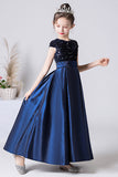 Pretty A Line Dark Blue Sequins Short Sleeve Flower Girl Dress