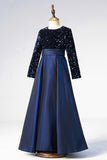 Pretty A Line Dark Blue Sequins Long Sleeve Flower Girl Dress